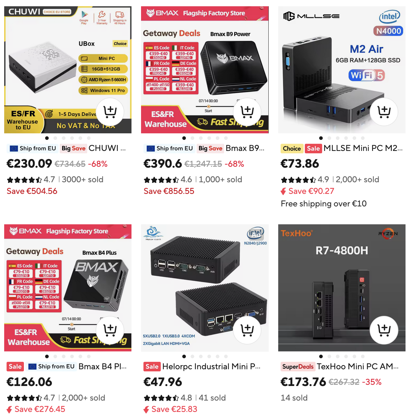 Some of the results of a “mini pc” search query