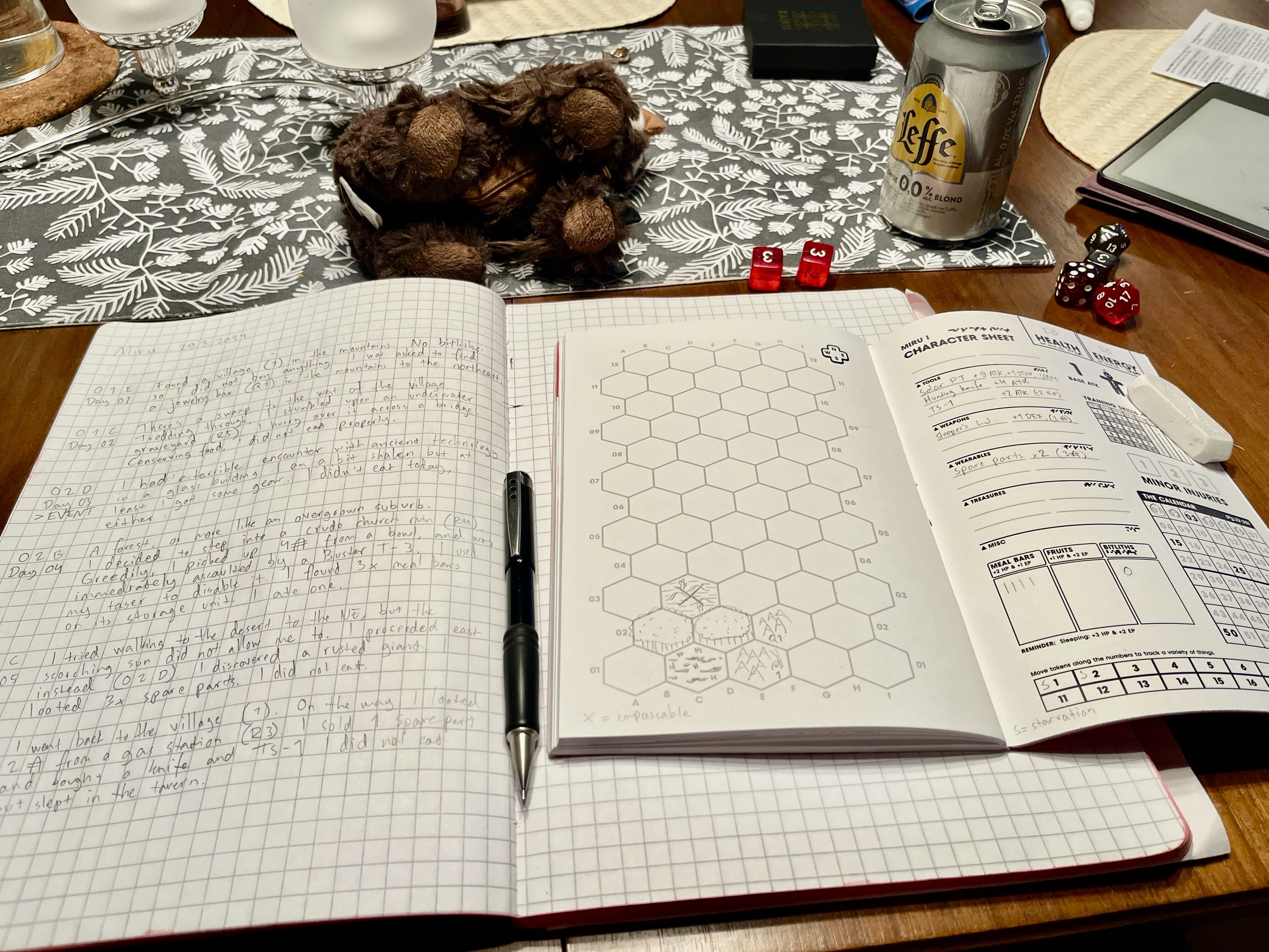 The Miru zine, polyhedral dice, various stationery and other items strewn across a dining table.